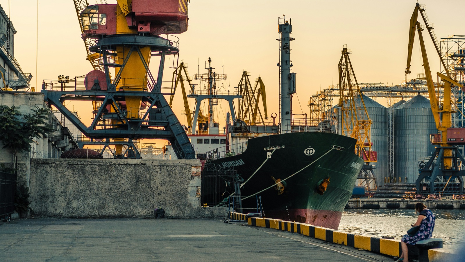 Bulk carrier alongside at a port with cranes