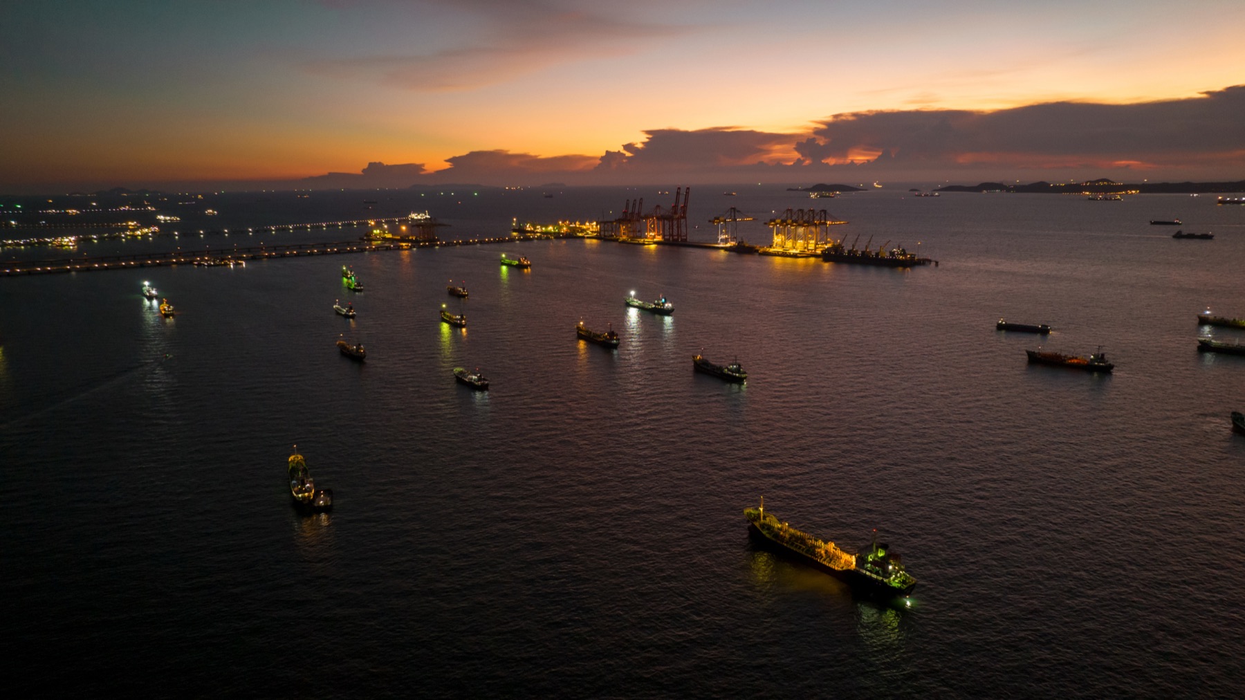 Anchorage with vessels at sunset